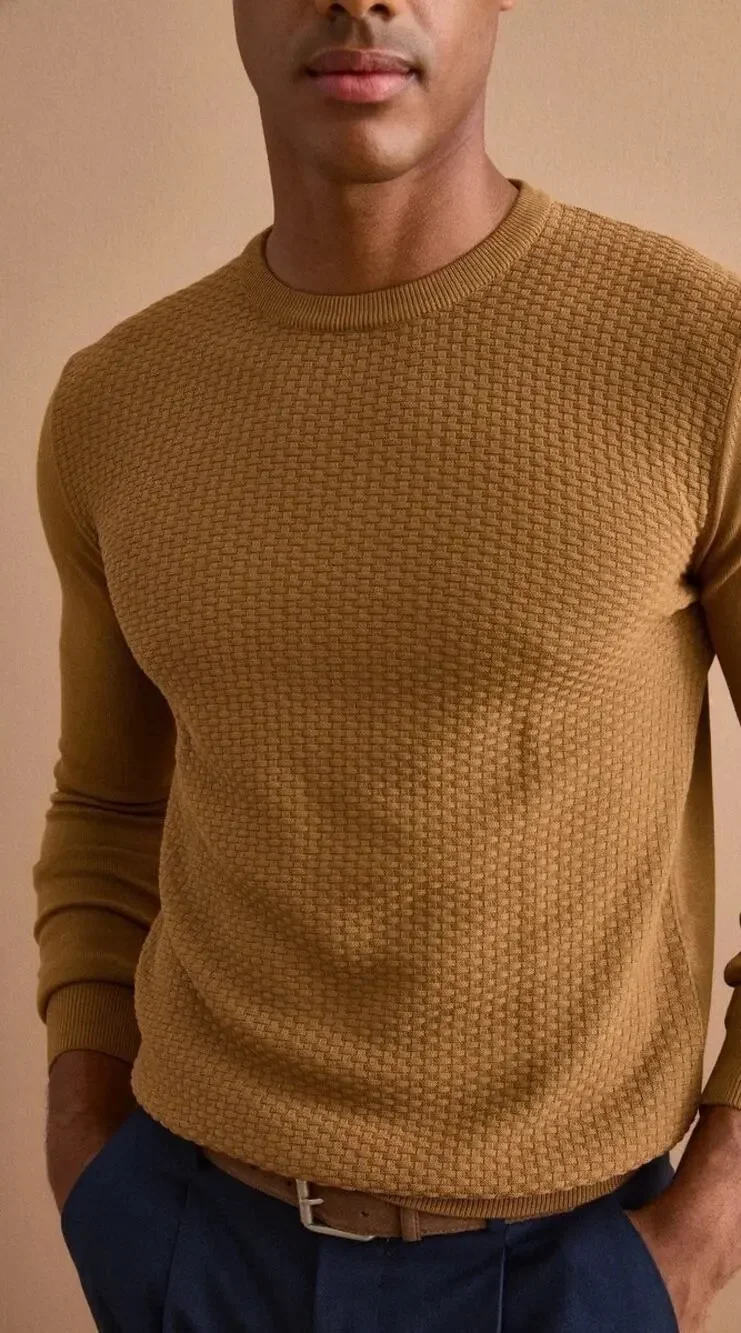 Zara Men's Golden Brown Lightweight Waffle Knit Sweater Size L